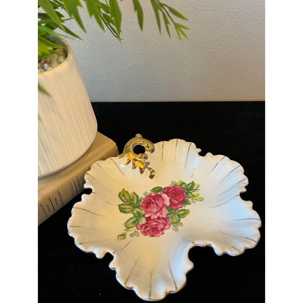 Vintage Pink Rose Porcelain Ring Dish Ruffled Gold Scroll Trinket Jewelry Vanity